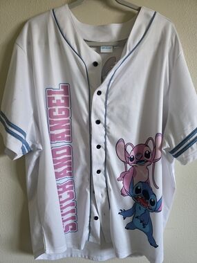 Disney White Button-Front Jersey with Pink & Blue Stitch and Angel